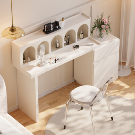 Modern White Makeup Vanity Desk with Mirror Retractable Dressing Table with Storage
