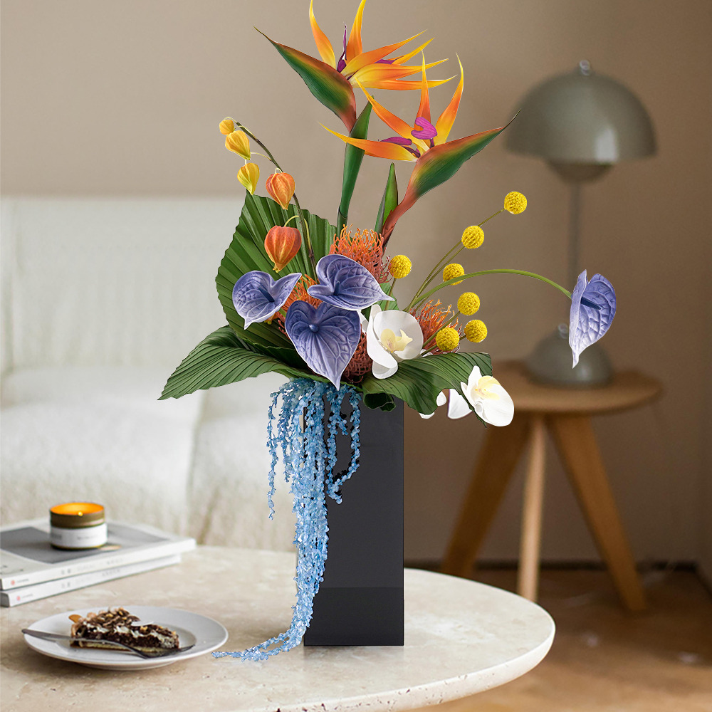 Modern Iris Artificial Flowers Arrangement in Vase Black Acrylic Vase Fake Flower Decor