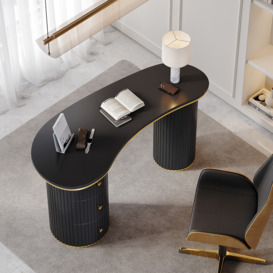 1400mm Modern Black Curved Desk 3-Drawer Wooden Home Office Desk Double Pedestal