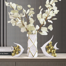 Matte Gold Pair of Fish Resin Ornaments White Artificial Plant Arrangement in Gold Vase