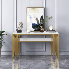1200mm Modern White Faux Marble Narrow Console Table with Storage Shelf and 4 Gold Legs