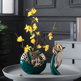 2PCS Modern Yellow Artificial Flower Arrangement in Green Ceramic Magpie Vase Home Decor
