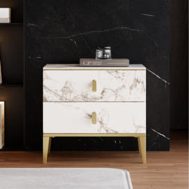 Modern White 2 Drawer Nightstand Marble Veining Bedside Table with Sintered Stone Top