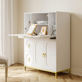 1000mm Modern White & Glod Secretary Desk with 3 Drawers and 3 Doors Flip Design