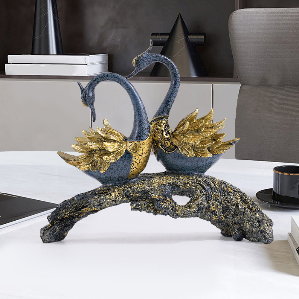 360mm Blue & Gold Simulation Couple Swan Sculpture Art Ornament Table Statue Decor