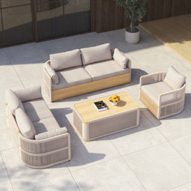 4Pcs Modern Aluminium & Rope Outdoor Swivel Sofa Set with Coffee Table in Khaki for 6