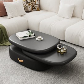 3-Tiered Modern Oval Black Pebbles Rotating Coffee Table with Storage