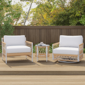 3 Pieces Aluminum & Weave Rope Outdoor Swivel Sofa Set with Side Table in Khaki for 2