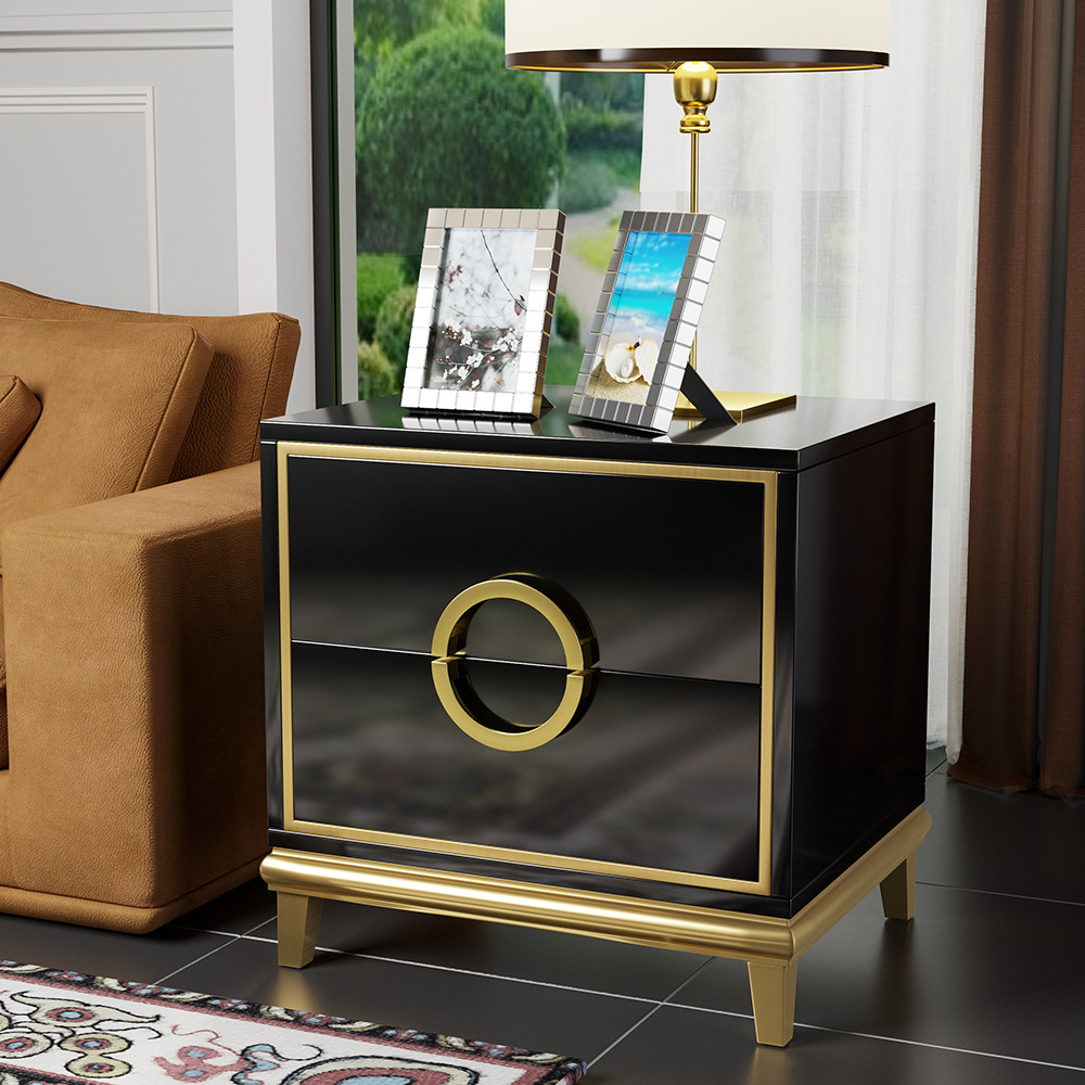 Black Modern Nightstand with 2 Drawers in Gold Finish Square Bedside Table