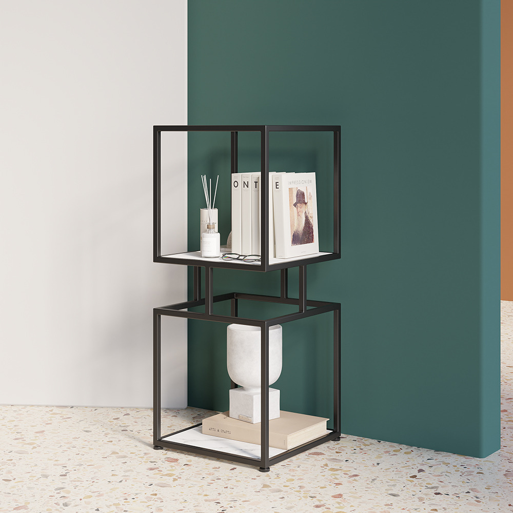 2-Tier Modern Black Cube Bookcase with Metal Tower Display Shelf