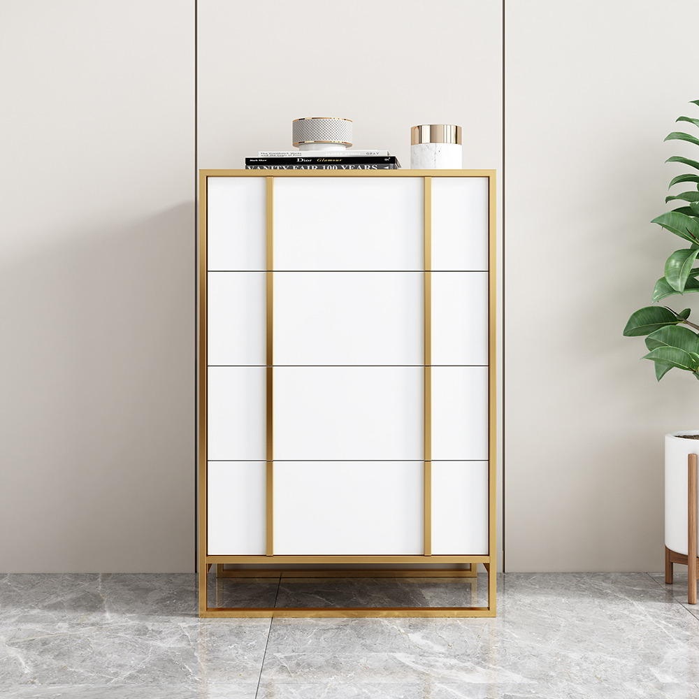 Rimh Modern White & Gold Wooden Chest of 4 Drawers with Stainless Steel Legs