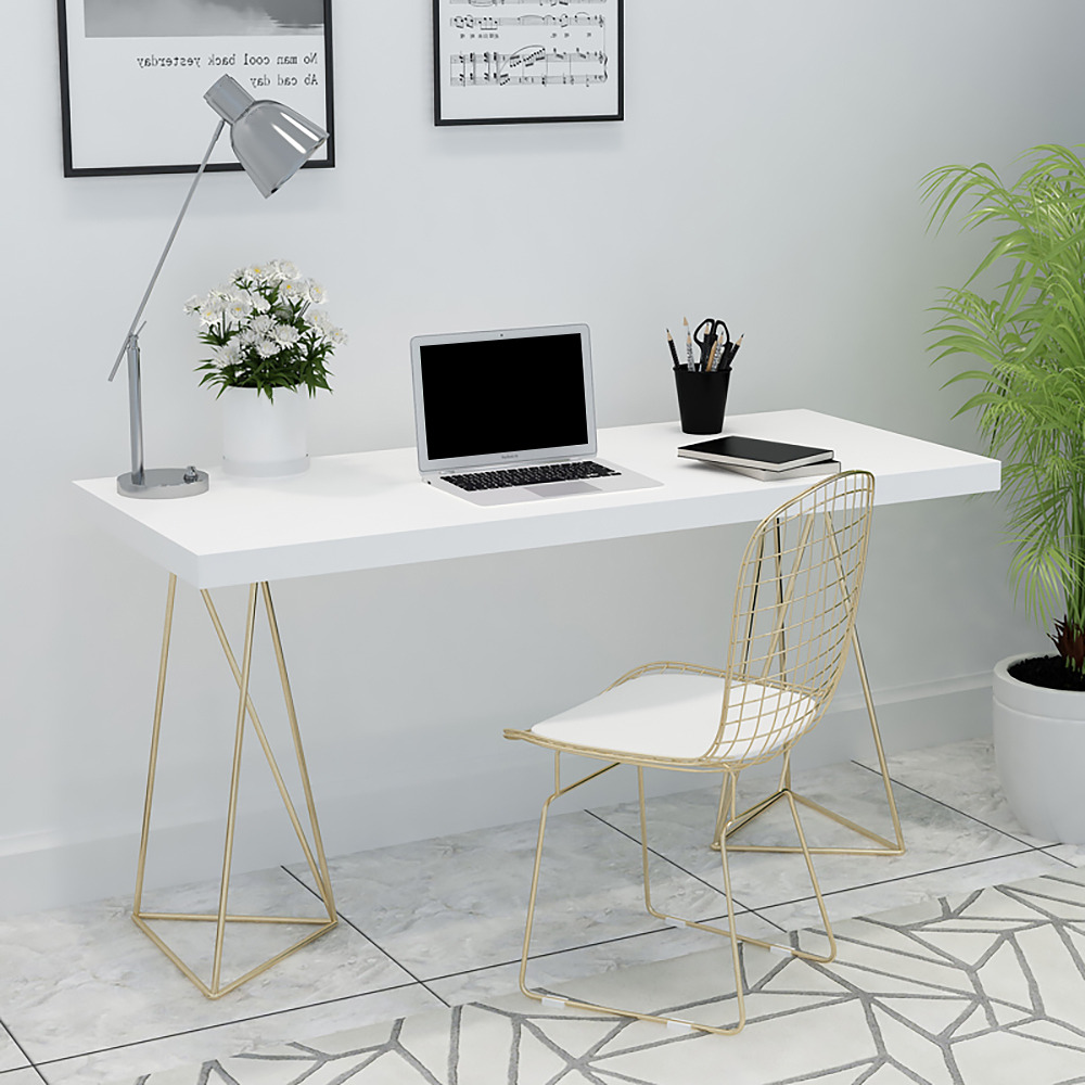 1000mm White Rectangular Wood-Top Writing Desk for Home Office with 2 Gold Pedestal
