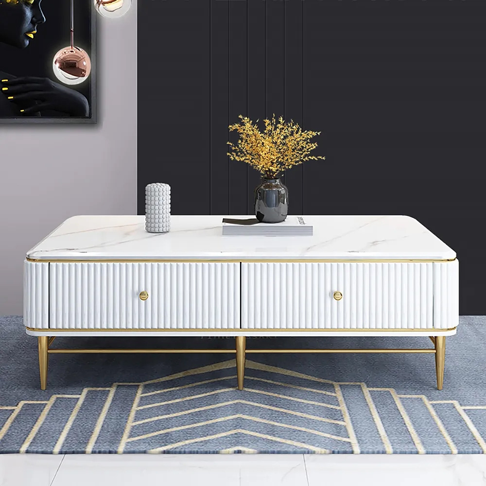 Bline 1300mm White Faux Marble Rectangle Coffee Table in Gold with Storage 4 Drawers