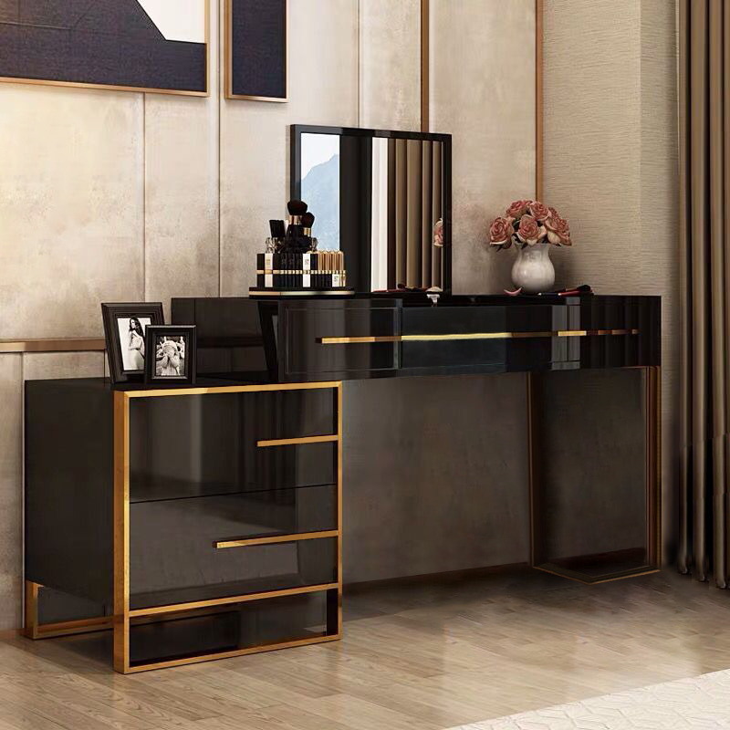 Cylina Black Makeup Vanity with Flip Top Mirror & Side Cabinet and Drawers Golden Legs