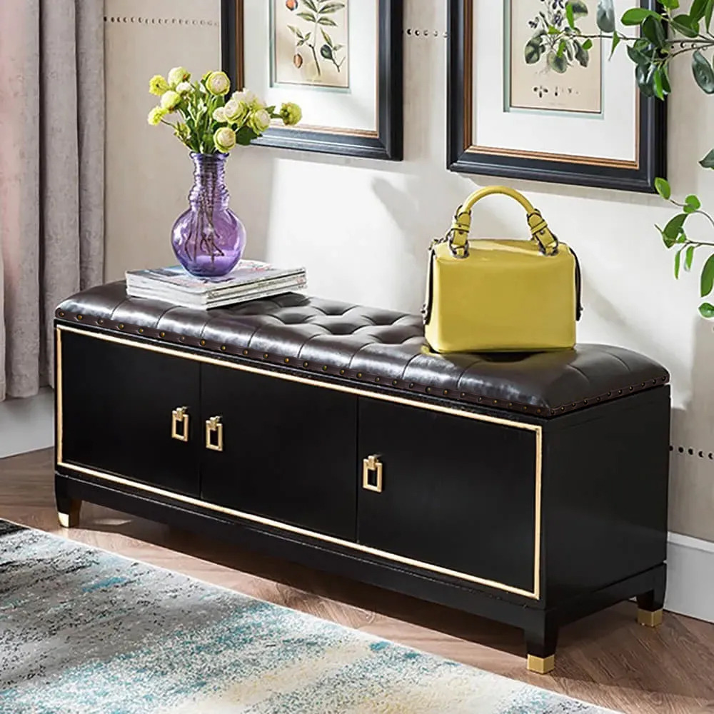 Traditional 1000mm Faux Leather Upholstered Entryway Bench with Storage Shoe Cabinet 3-Door