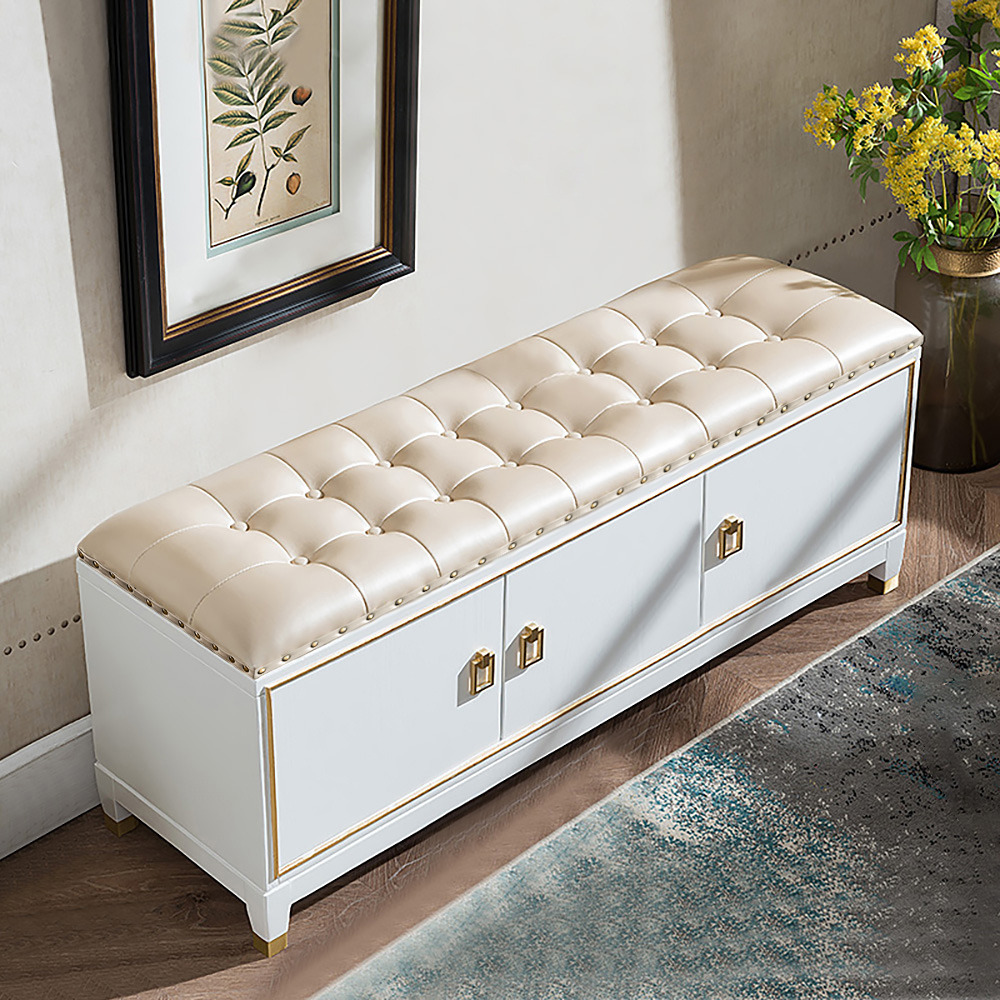 Traditional 1000mm Faux Leather Upholstered Entryway Bench with Storage Shoe Cabinet 3-Door