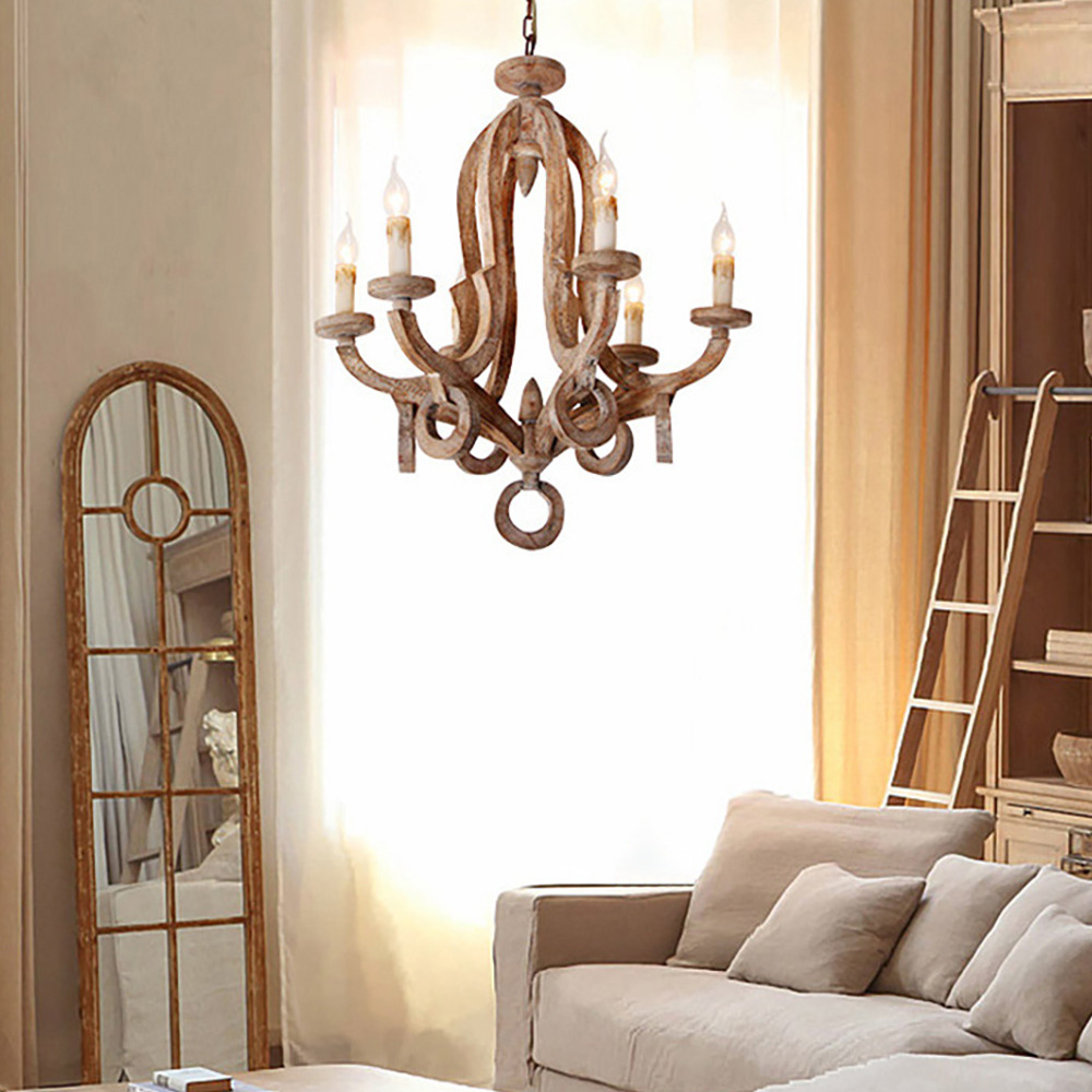 French Country 6-Light Chic Sculpted Wood Chandelier with Candle Shaped