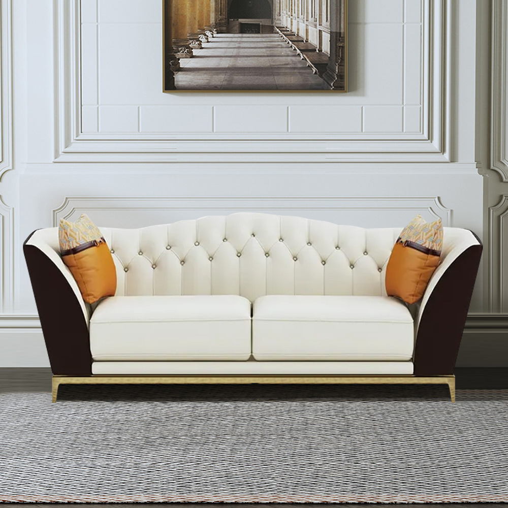 1850mm Faux Leather Upholstered Sofa White & Brown Mid-Century Couch Curved Tufted Back