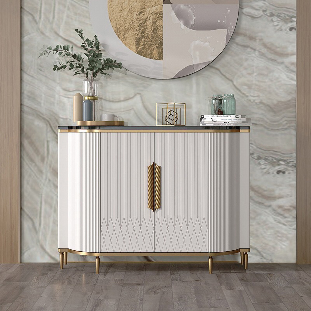 White Luxury 2-Door Sideboard Buffet Sintered Stone Top Modern Sideboard Cabinet in Gold