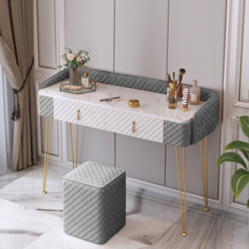 "39"" Gray & White Velvet Upholstered Sintered Stone Top Makeup Vanity Table with Stools"