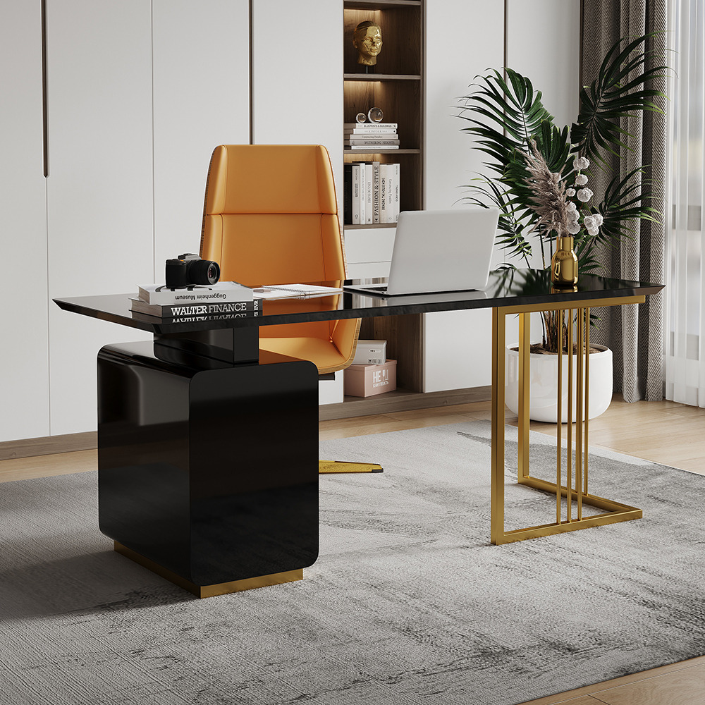 1600mm Modern Black Home Office Desk with Drawers & Side Cabinet in Gold Base
