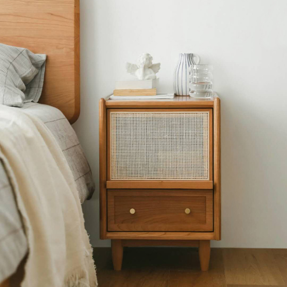 Rustic Rattan Bedside Table with Storage Solid Wood Bedside Table in Walnut