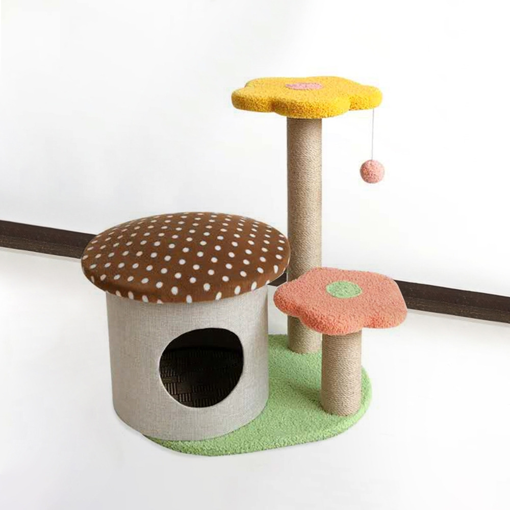 1090mm Mushroom Cat Tree and Condo Faux Fur Perch and Tower with Teasing Toy