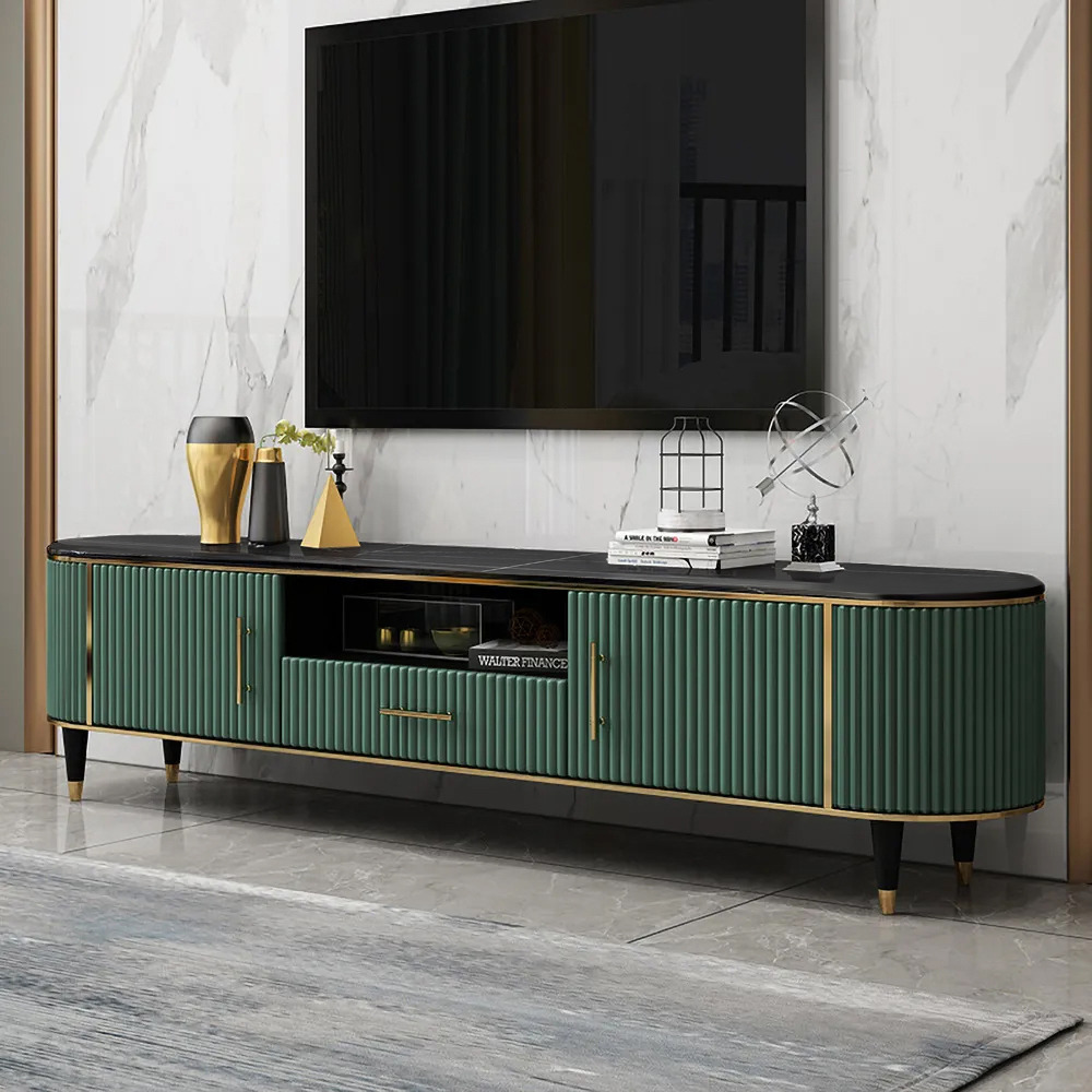 "Texturine 79"" Modern Oval TV Stand Sintered Stone Green Media Console with Door & Drawer"