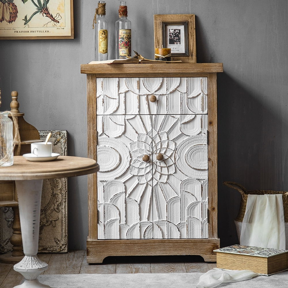 Rustic Distressed White Cabinet Carved Surface with Drawer & Doors