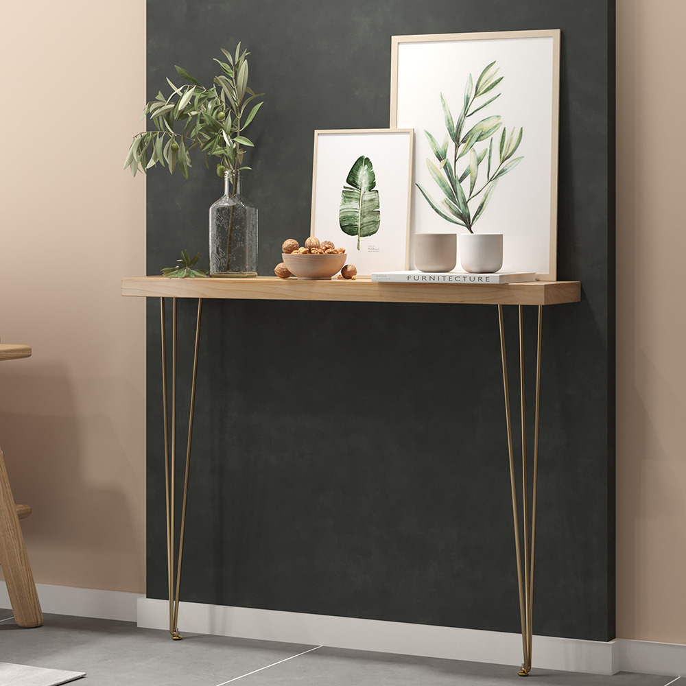 1000mm Rustic Narrow Rectangular Console Table with Wooden Top & Metal Hairpin Legs