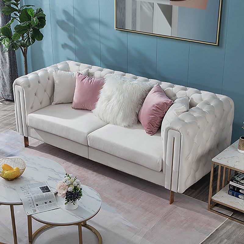 2200mm Modern Velvet Upholstered Sofa 2-Seater Sofa White Tufted Sofa