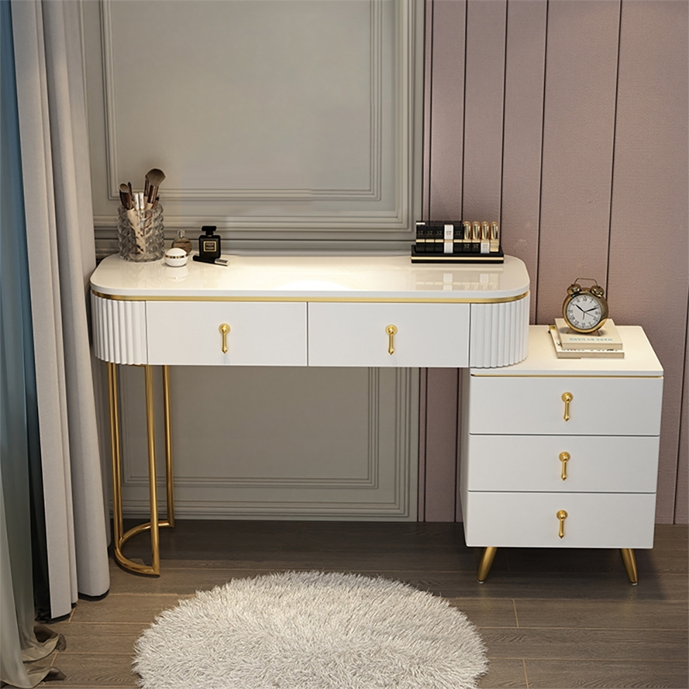Pursorr Modern White Oval Extendable Makeup Vanity with 5-Drawer Side Cabinet Included