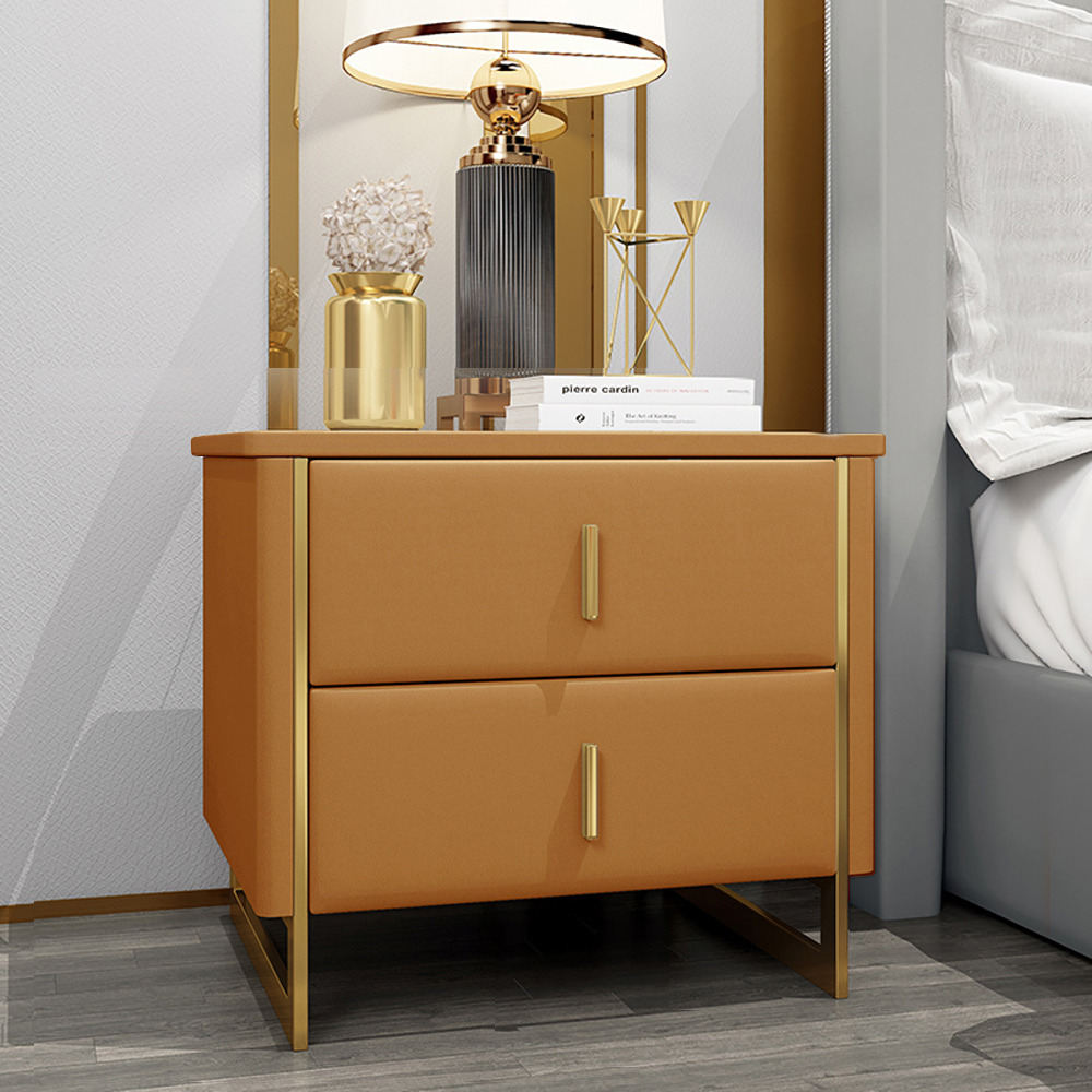 Modern Orange Nightstand 2-Drawer Faux Leather Bedside Table in Gold
