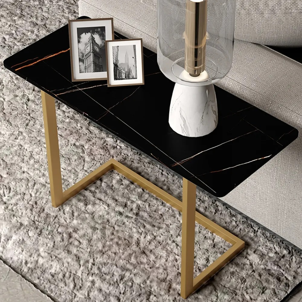 Black End Table with Sintered Stone Tabletop Rectangular Side Table
