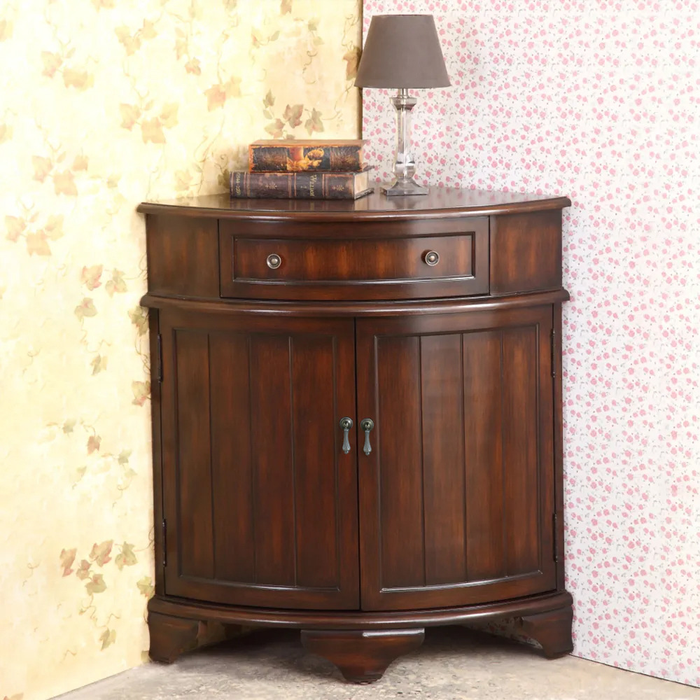 Traditional Walnut Corner Cabinet Triangle Accent Cabinet with Drawer & Shleves