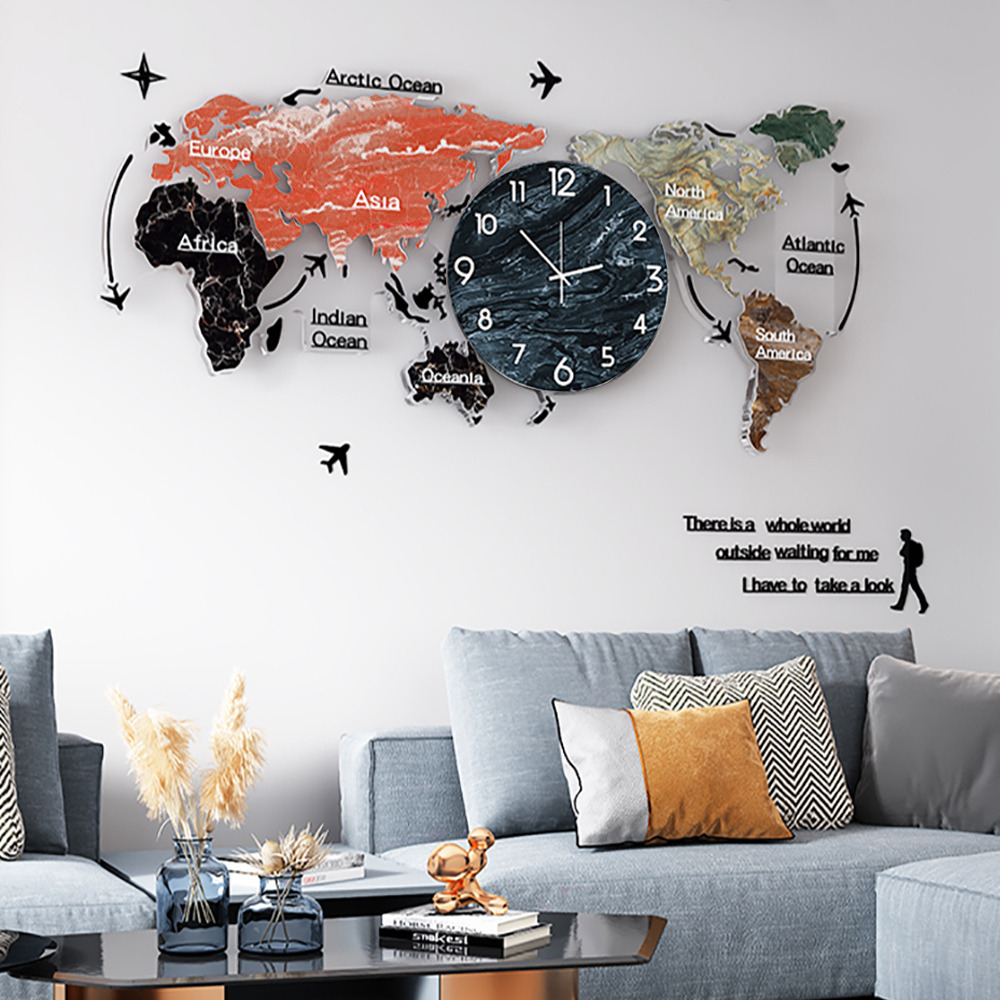 Modern Large World Map Wall Clock Acrylic & Glass Home Decor Art For Living Room