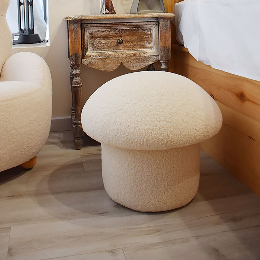 Modern White Boucle Mushroom Ottoman Upholstered Pouf Novelty Footstool Cute Footrest