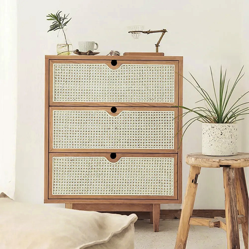 Carled Mid Century Modern Natural 3 Drawers Chest Rattan Woven in Small