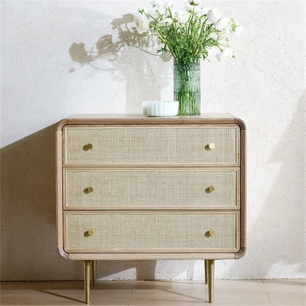 Tural Mid-Century Modern Natural Cabinet 3-Drawer Chest Rattan Woven in Gold