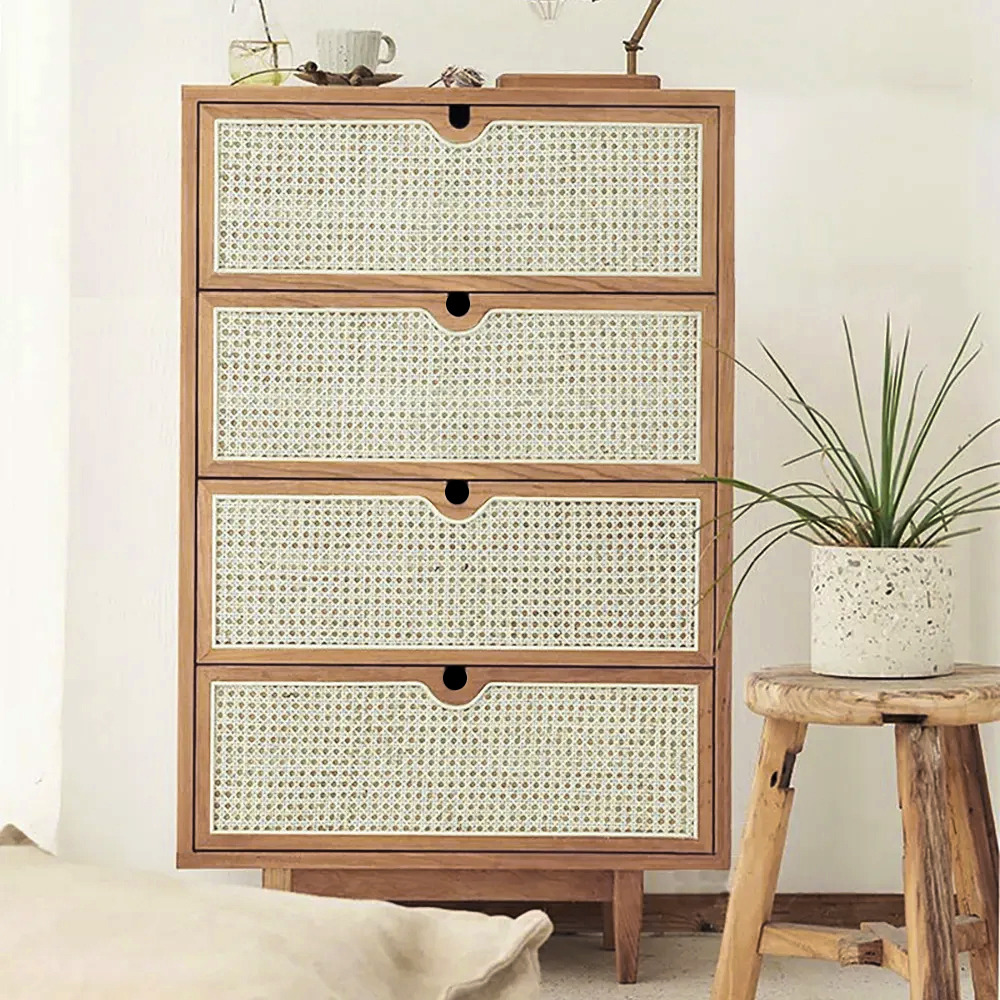 Carled Mid Century Modern Natural 4 Drawers Chest Rattan Woven in Large