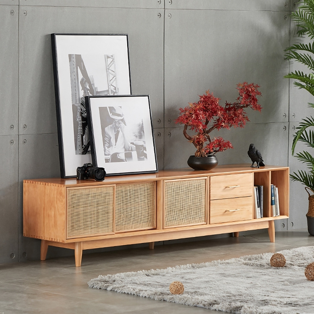 2000mm TV Stand Natural Media Console with Doors & Drawers & Shelf Rattan Woven in Large