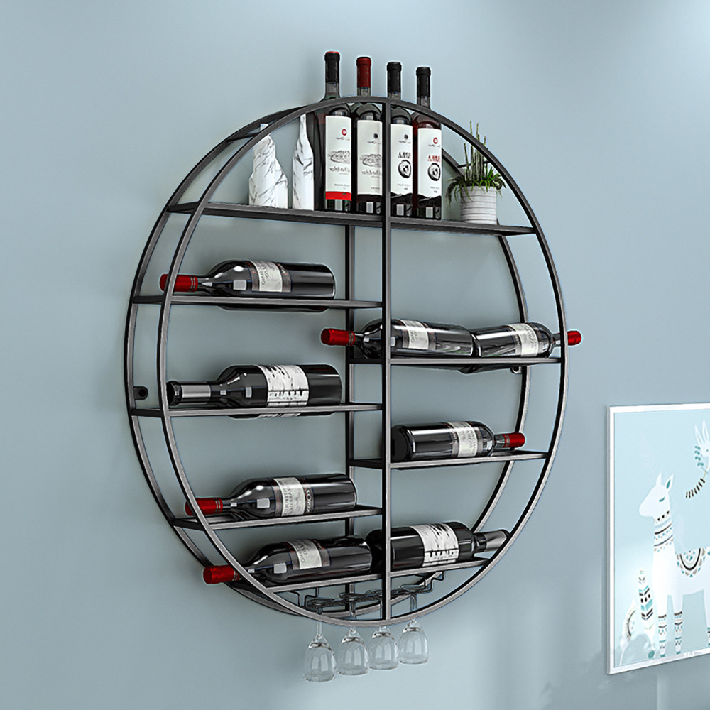 Modern Round Wall Mounted Metal Black Wine Rack with Glass & Bottle Storage