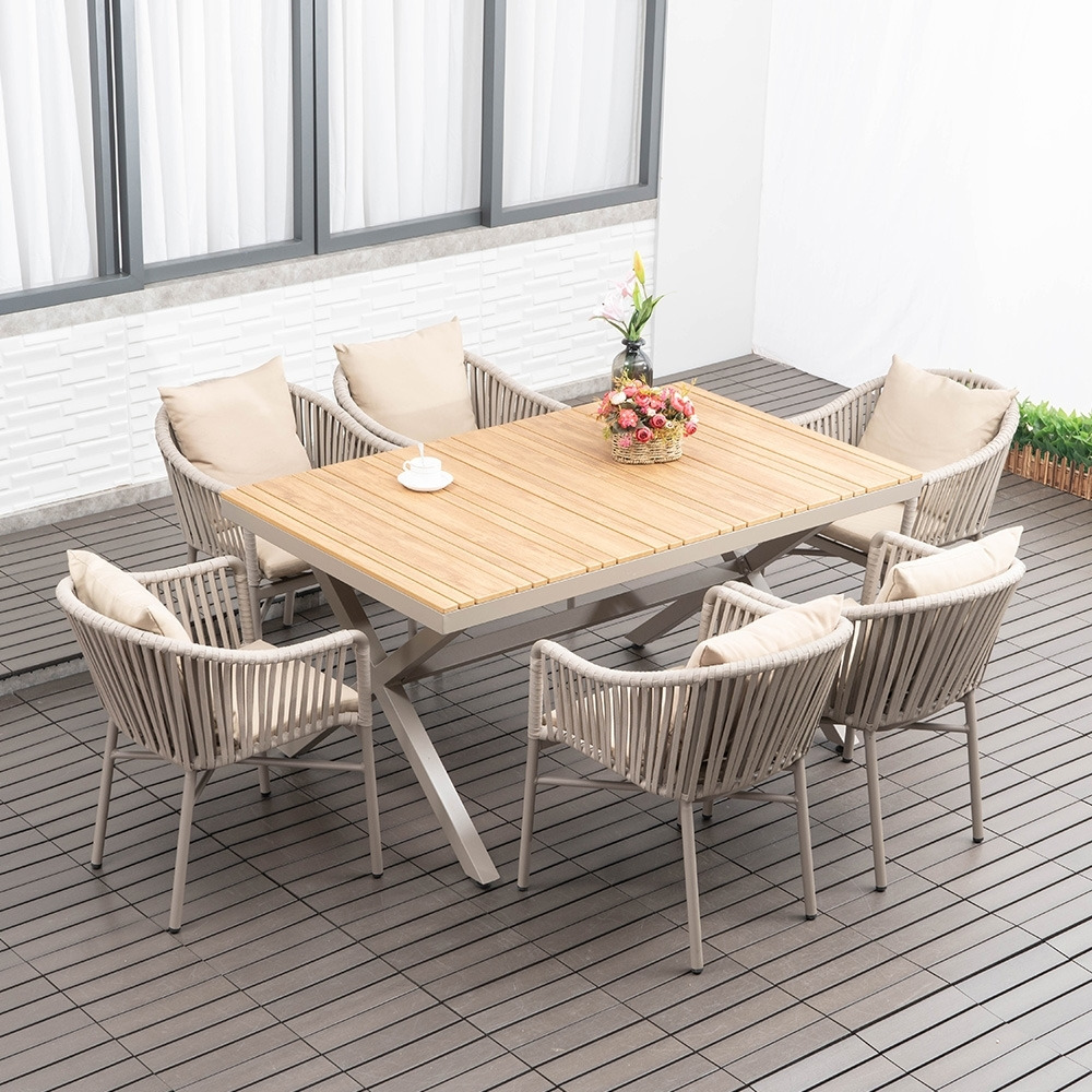 7 Pieces Outdoor Dining Set with Rectangle Table and Woven Rattan Armchair in Natural