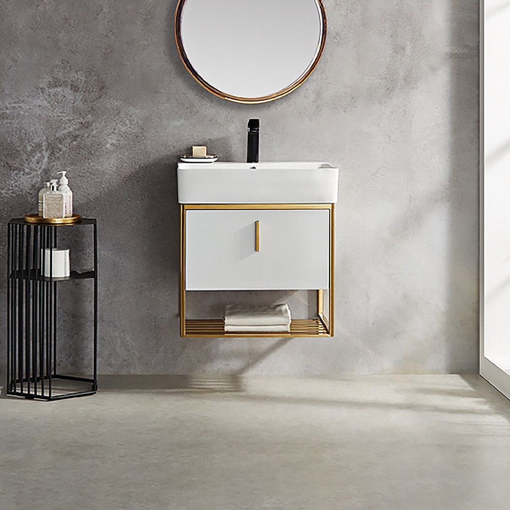 600mm Modern White Floating Bathroom Vanity Drawer & Shelf Integral Single Ceramic Basin