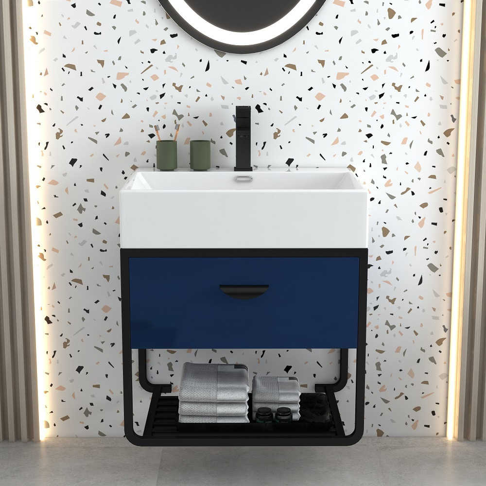 600mm Blue Floating Bathroom Vanity Single Ceramic Undermount 1 Drawer 1 Shelf