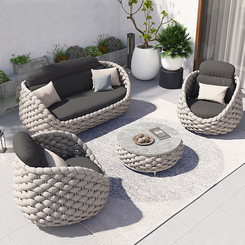 Tatta 4 Pieces Textilene Rope Woven Outdoor Sectional Sofa Set with Round Coffee Table