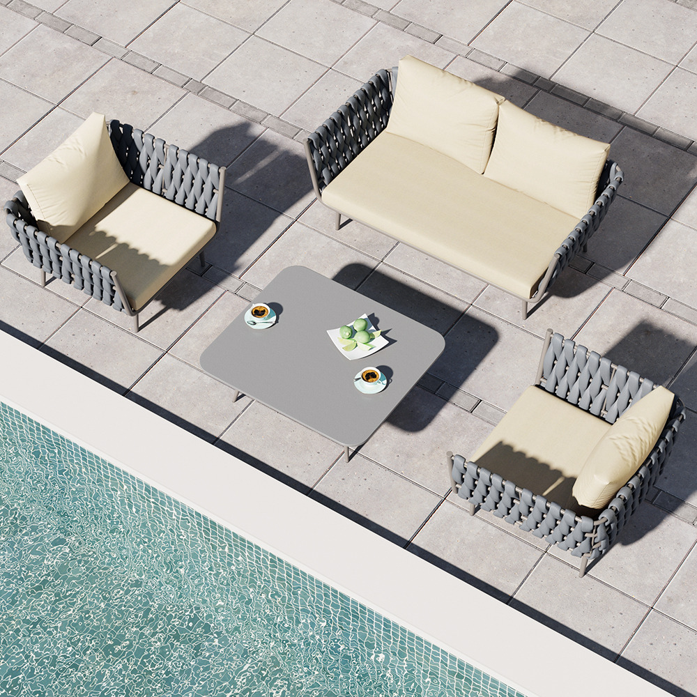 4 Pieces Outdoor Sectional Sofa Set with Webbing Seats and Cushions in Beige & Grey