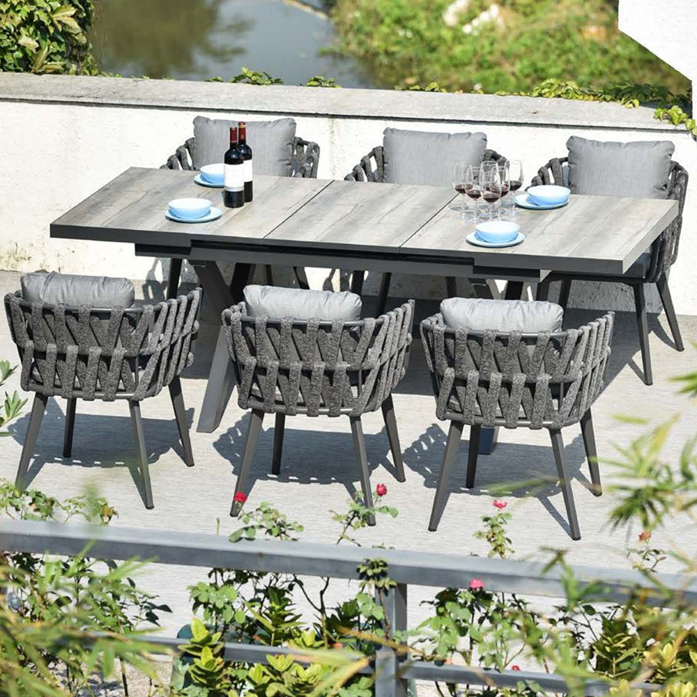 7 Pieces Aluminium Outdoor Dining Set with Extendable Ceramic Top Table Woven Armchair