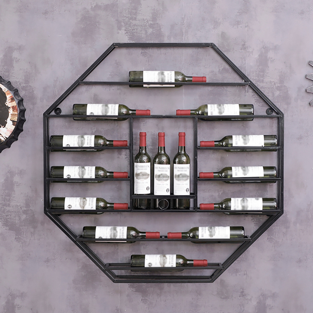 Industrial Black Octagonal Wall Mounted Wine Stand Wine Shelf in Steel