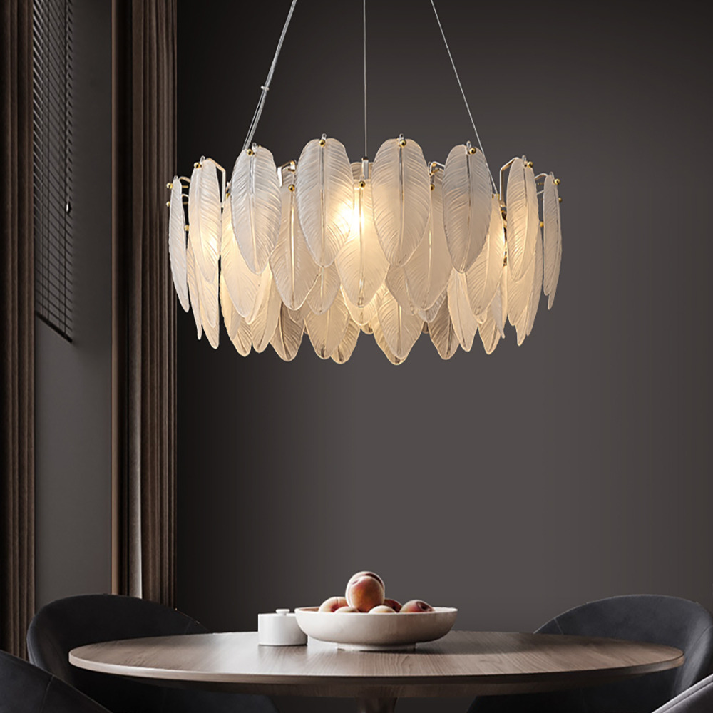 Modern Round 6-Light Tiered Frosted Feathers Glass Chandelier